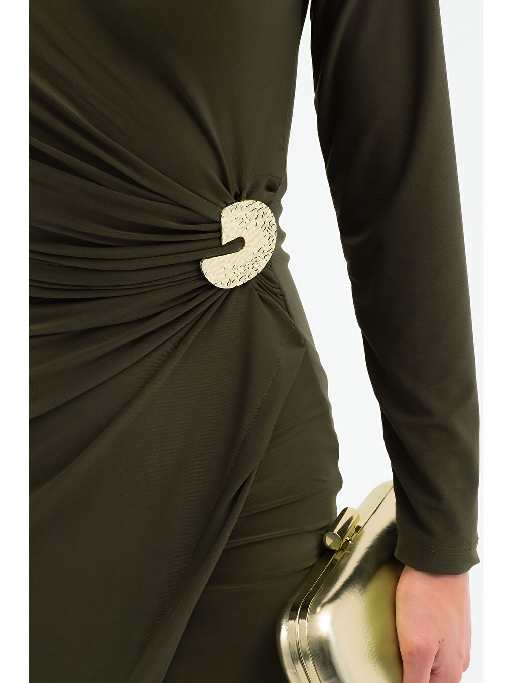 Kadın Haki Aksesuar Detay Midi Elbise-3