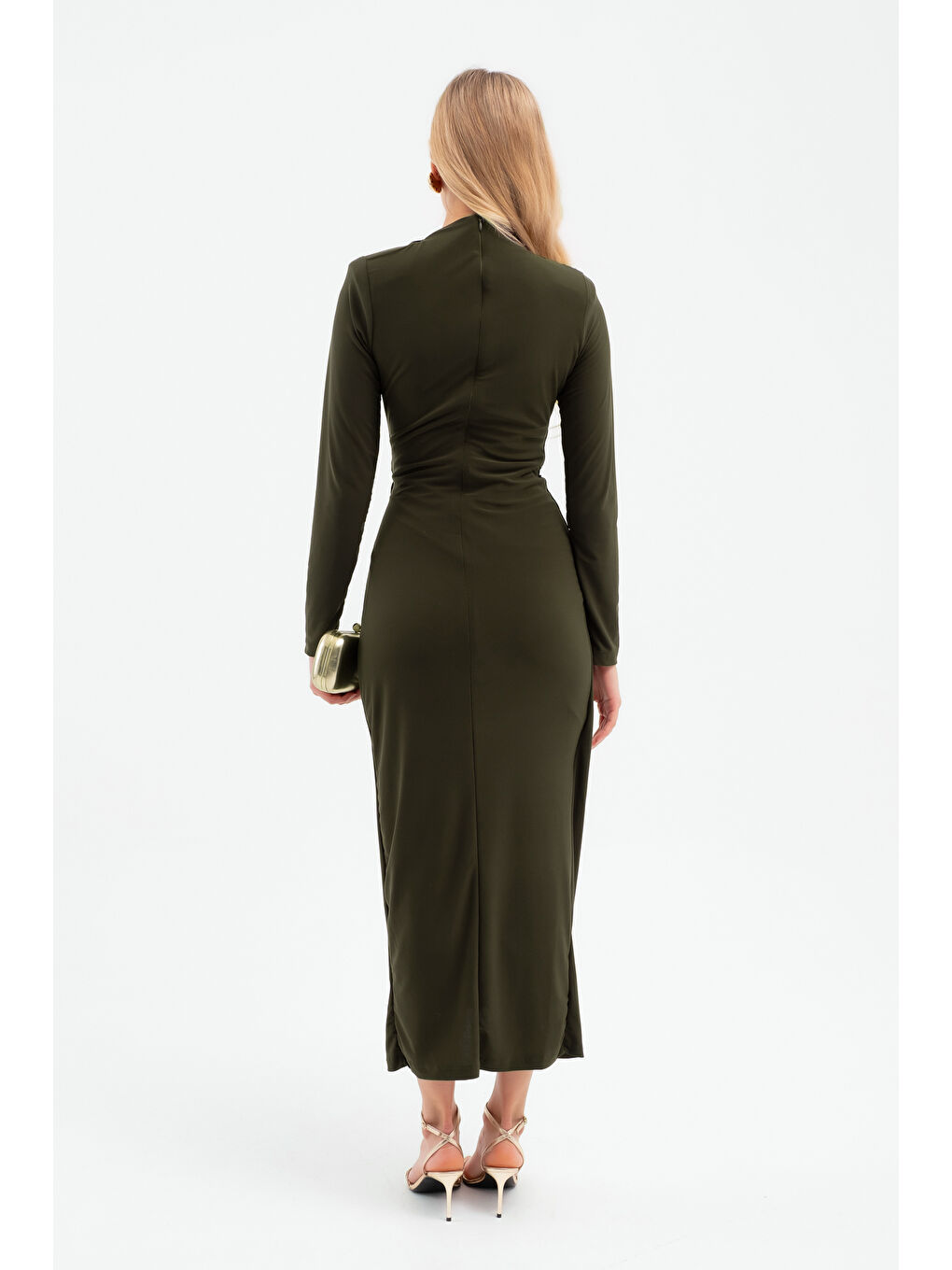 Kadın Haki Aksesuar Detay Midi Elbise-5