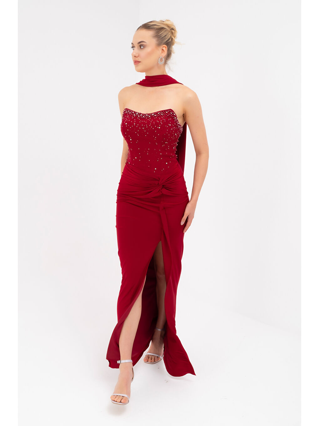 Kadın Bordo Şal Yaka Taşlı Düğüm Detay Uzun Abiye Elbise