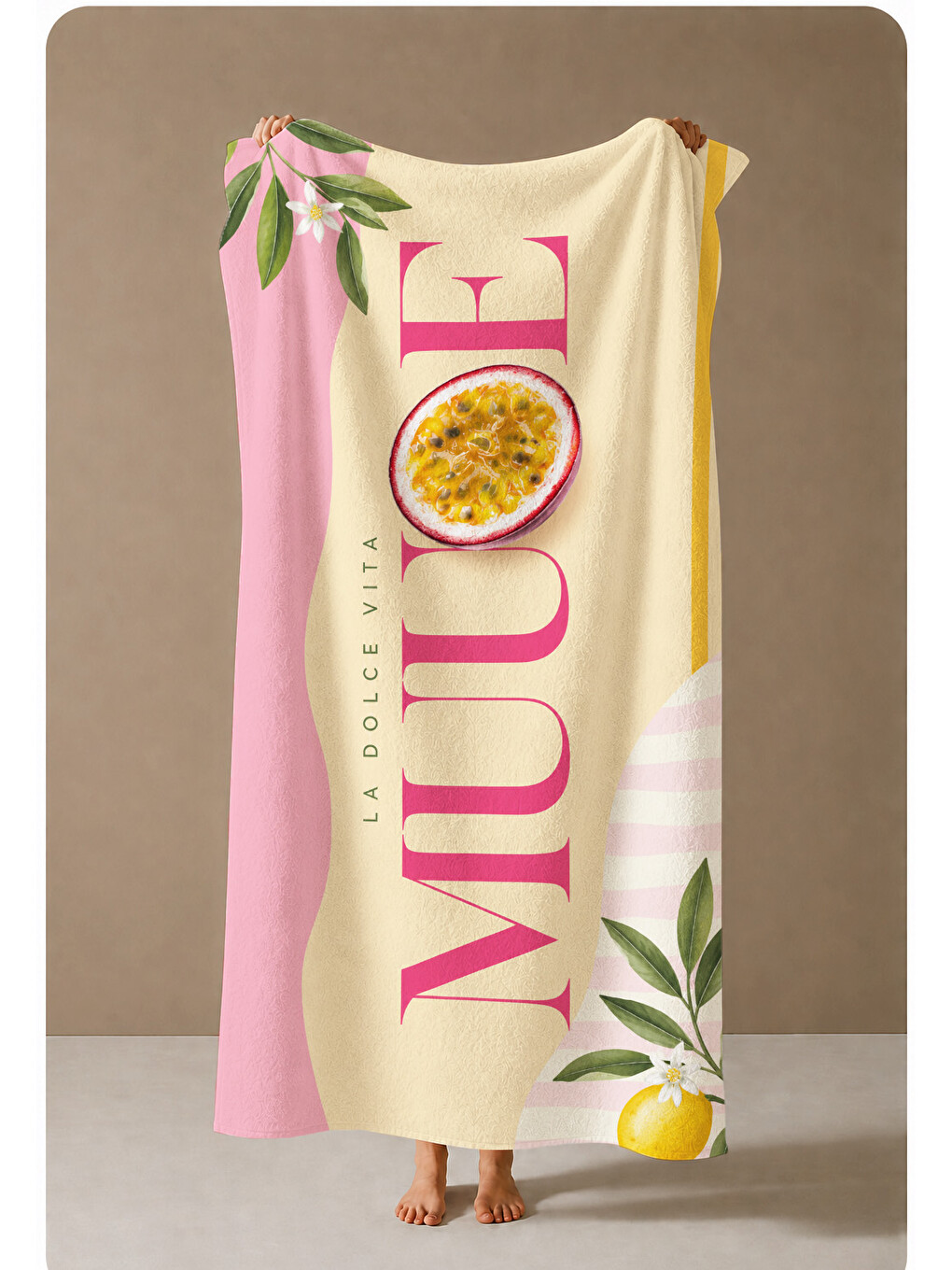 Passion Fruit Ve Pembe Şerit Desenli 70x150 Plaj Havlusu