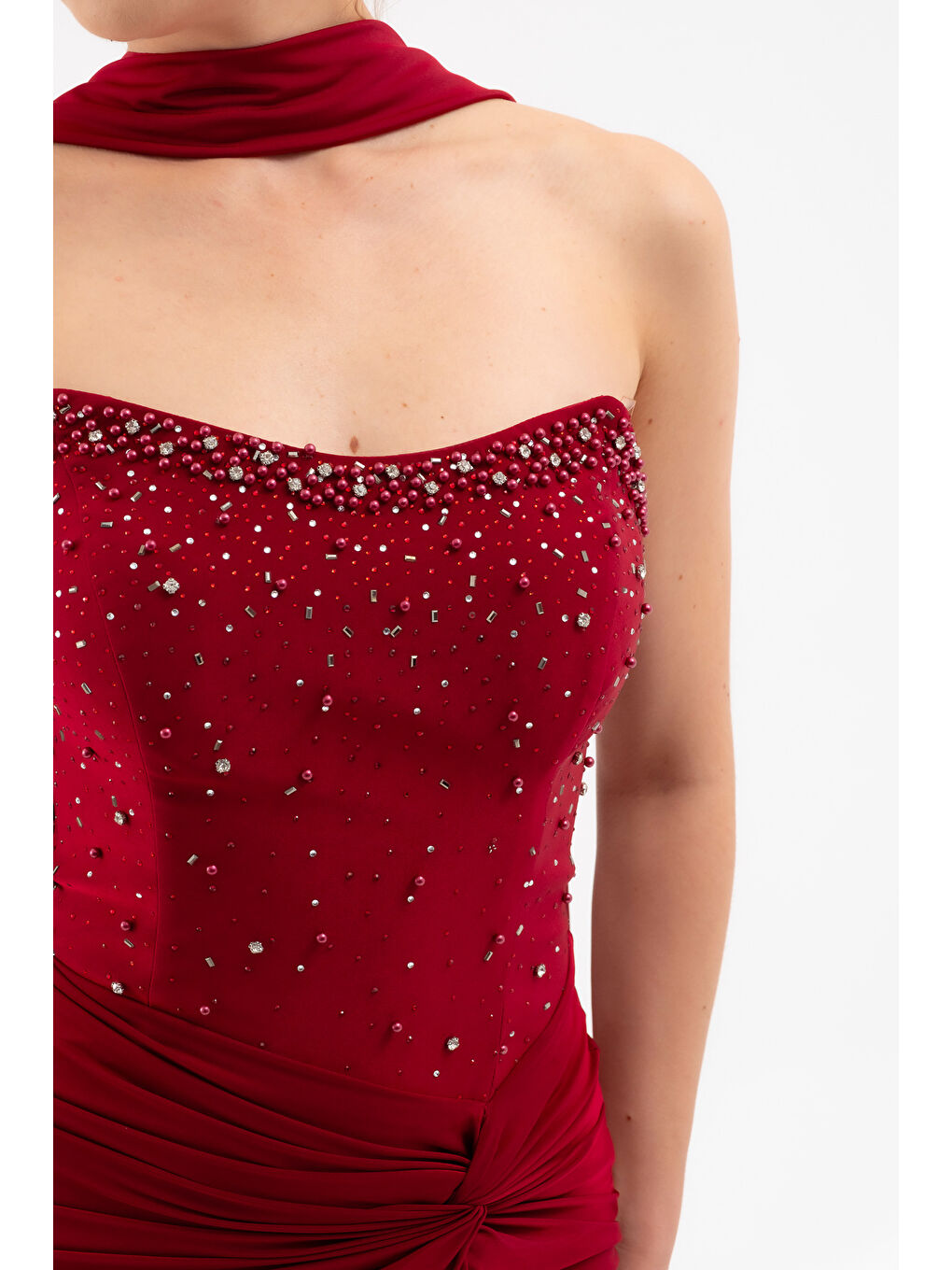 Kadın Bordo Şal Yaka Taşlı Düğüm Detay Uzun Abiye Elbise-3