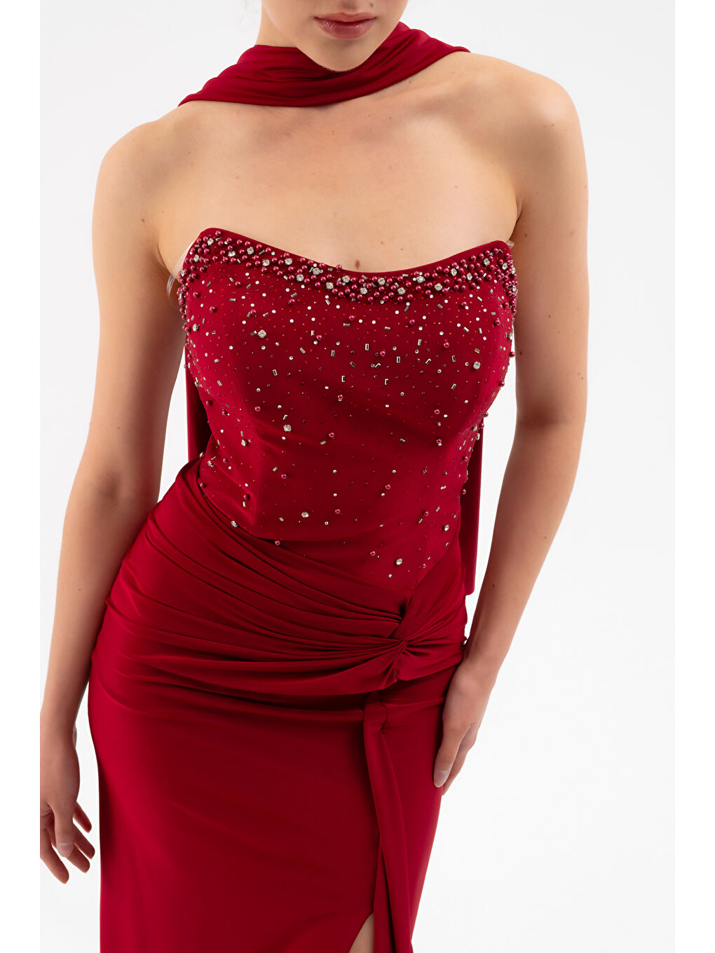 Kadın Bordo Şal Yaka Taşlı Düğüm Detay Uzun Abiye Elbise-4