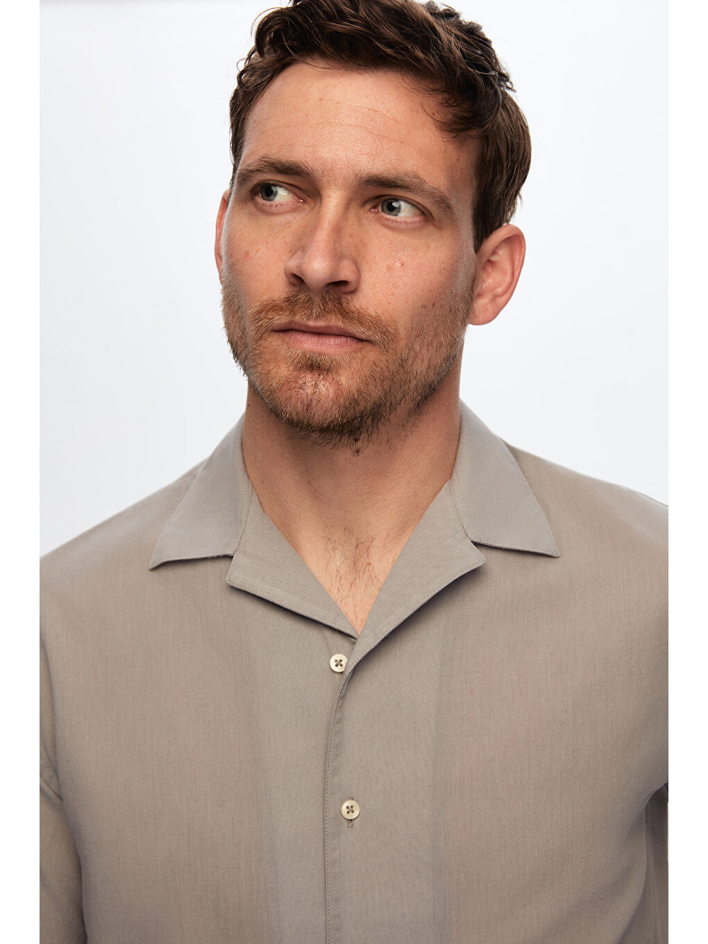 Ds Damat Relaxed Gri Düz Pamuklu Keten Görünümlü İzci Yaka Yazlık Gömlek-1