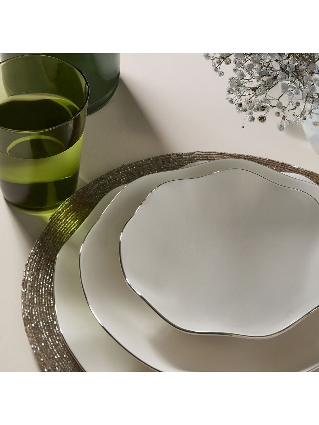 Ekru Nesrin 18 Parça 6 Kişilik Yemek Takımı Gümüş File 220-2