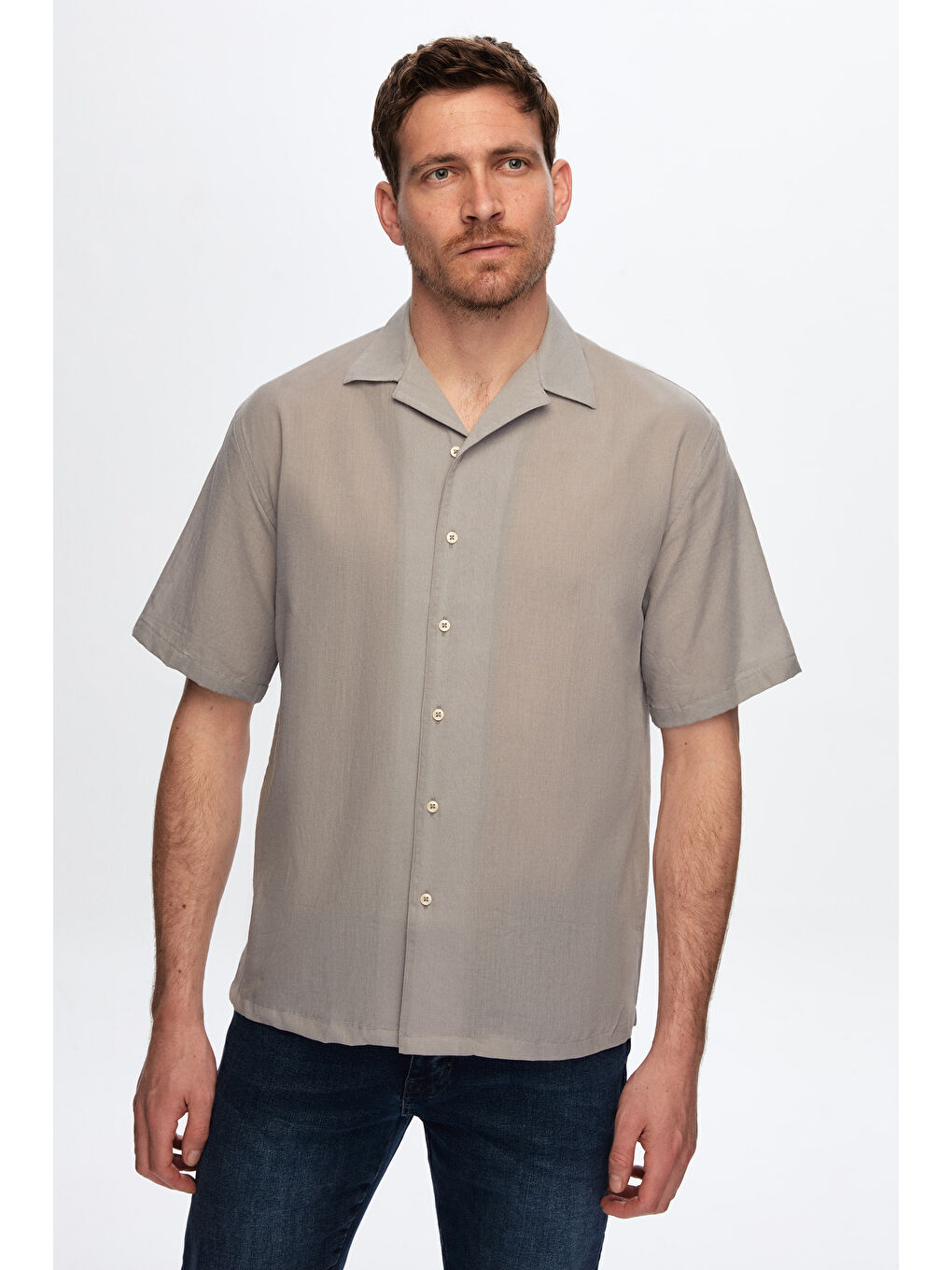 Ds Damat Relaxed Gri Düz Pamuklu Keten Görünümlü İzci Yaka Yazlık Gömlek-2