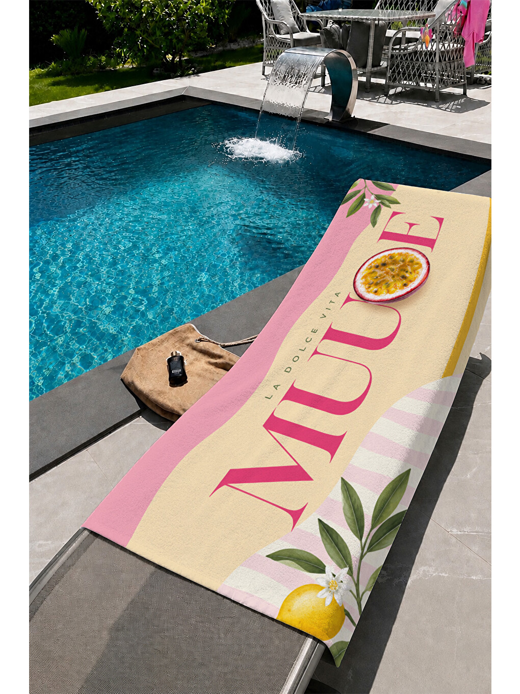 Passion Fruit Ve Pembe Şerit Desenli 70x150 Plaj Havlusu-1