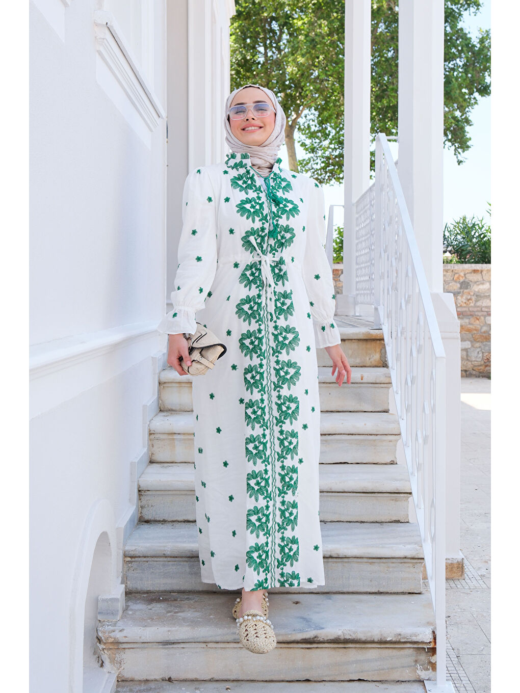 Çiçek Nakış Detay Elbise Yeşil-2