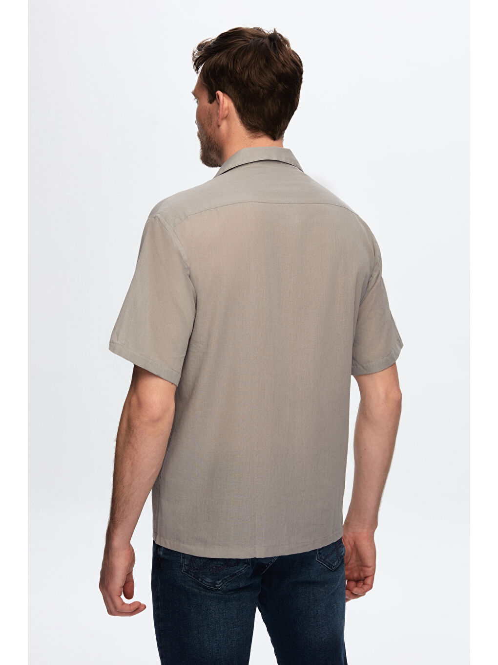 Ds Damat Relaxed Gri Düz Pamuklu Keten Görünümlü İzci Yaka Yazlık Gömlek-3