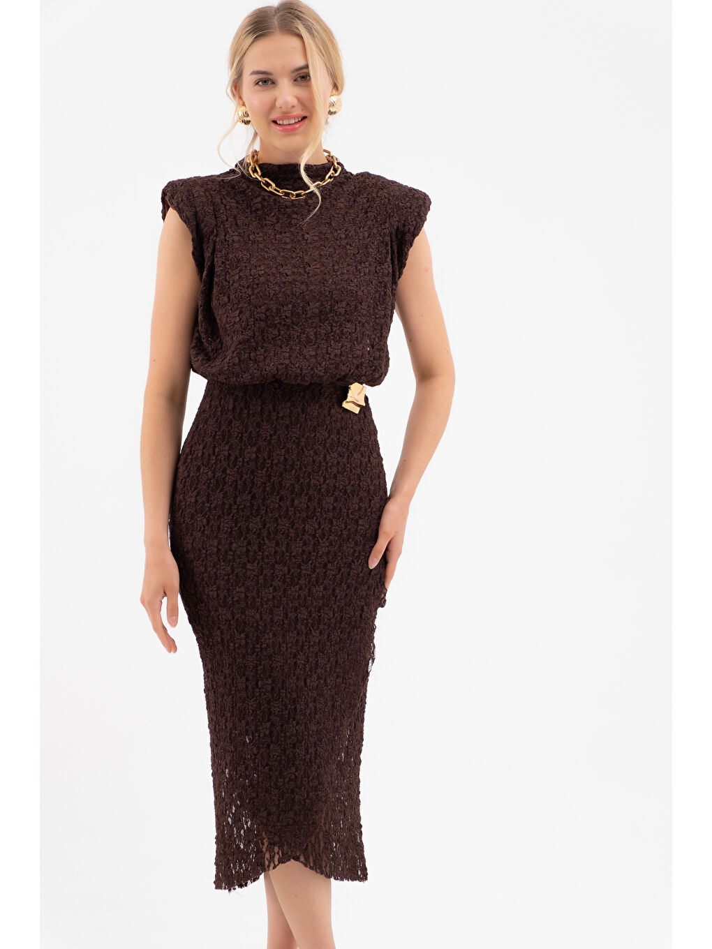 Kadın Kahverengi Gold Broşlu Dantel Elbise-2