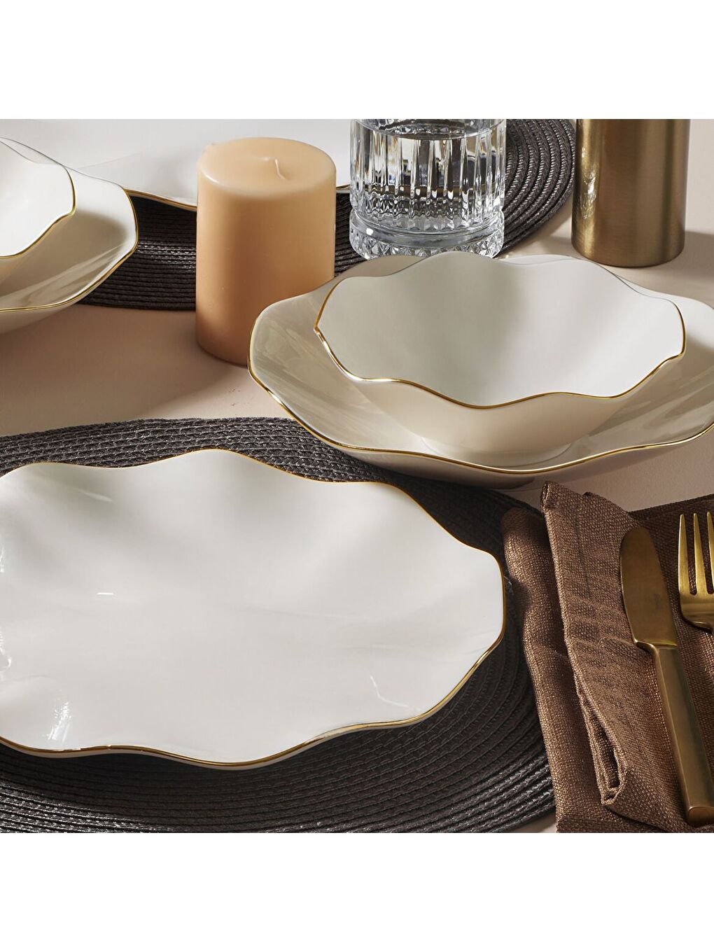 Ekru Nesrin 18 Parça 6 Kişilik Yemek Takımı Altın File 20-1