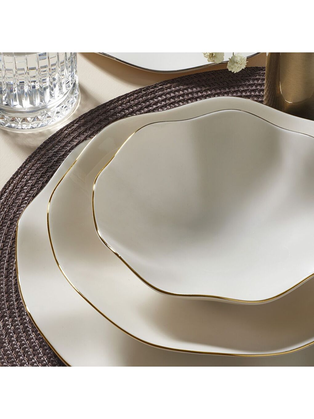 Ekru Nesrin 18 Parça 6 Kişilik Yemek Takımı Altın File 20-2