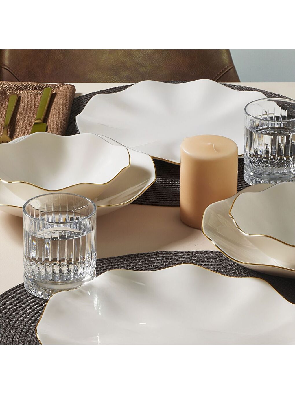 Ekru Nesrin 18 Parça 6 Kişilik Yemek Takımı Altın File 20-3