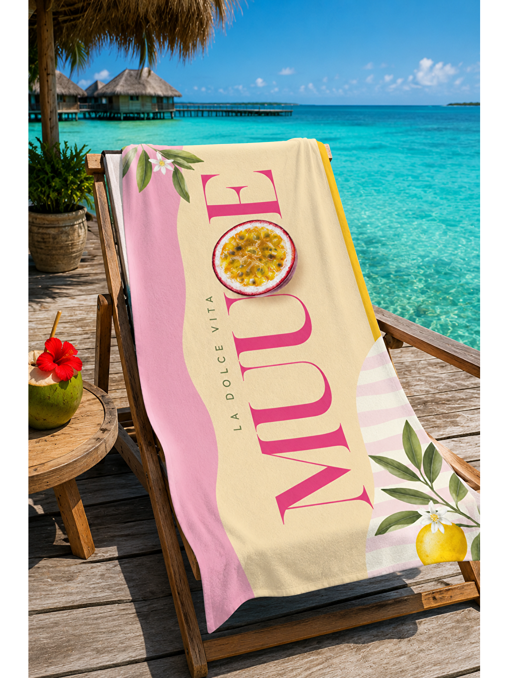 Passion Fruit Ve Pembe Şerit Desenli 70x150 Plaj Havlusu-2
