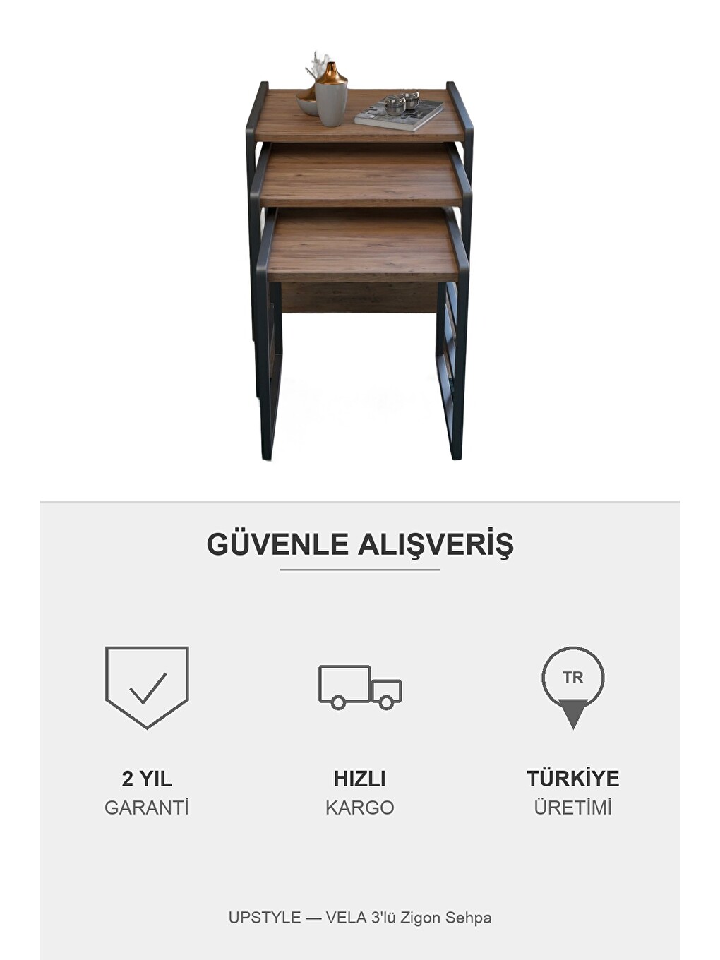 Kahverengi Vela 3'lü Zigon Sehpa | Metal Karkas, İç İçe Geçen Sehpa Seti | Çam-6