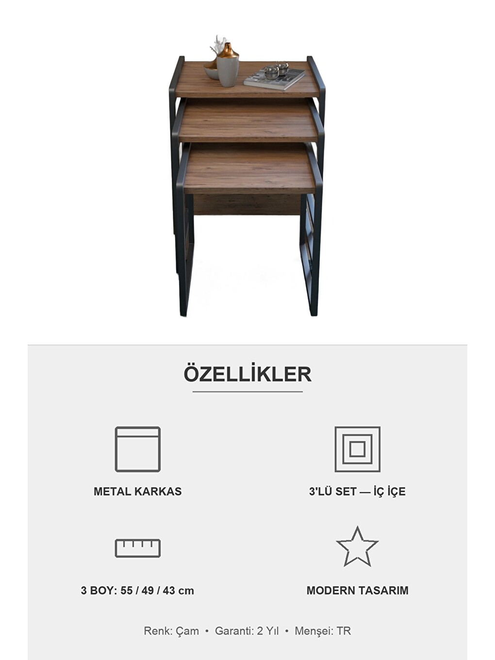 Kahverengi Vela 3'lü Zigon Sehpa | Metal Karkas, İç İçe Geçen Sehpa Seti | Çam-7