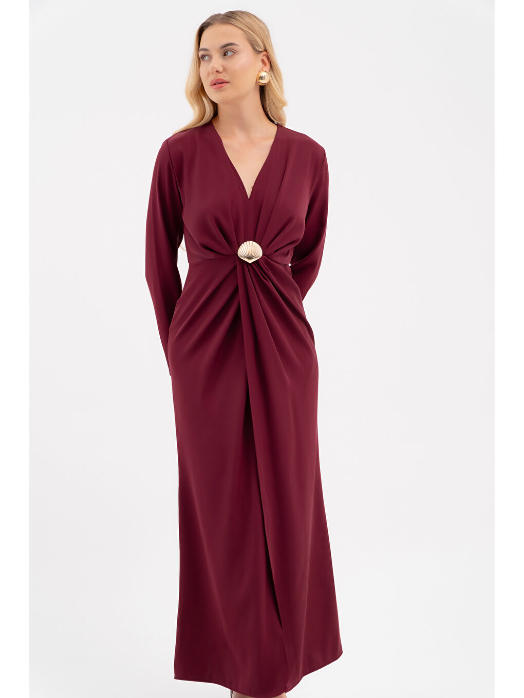 Kadın Bordo İstiridye Aksesuarlı Uzun Kol Elbise-2
