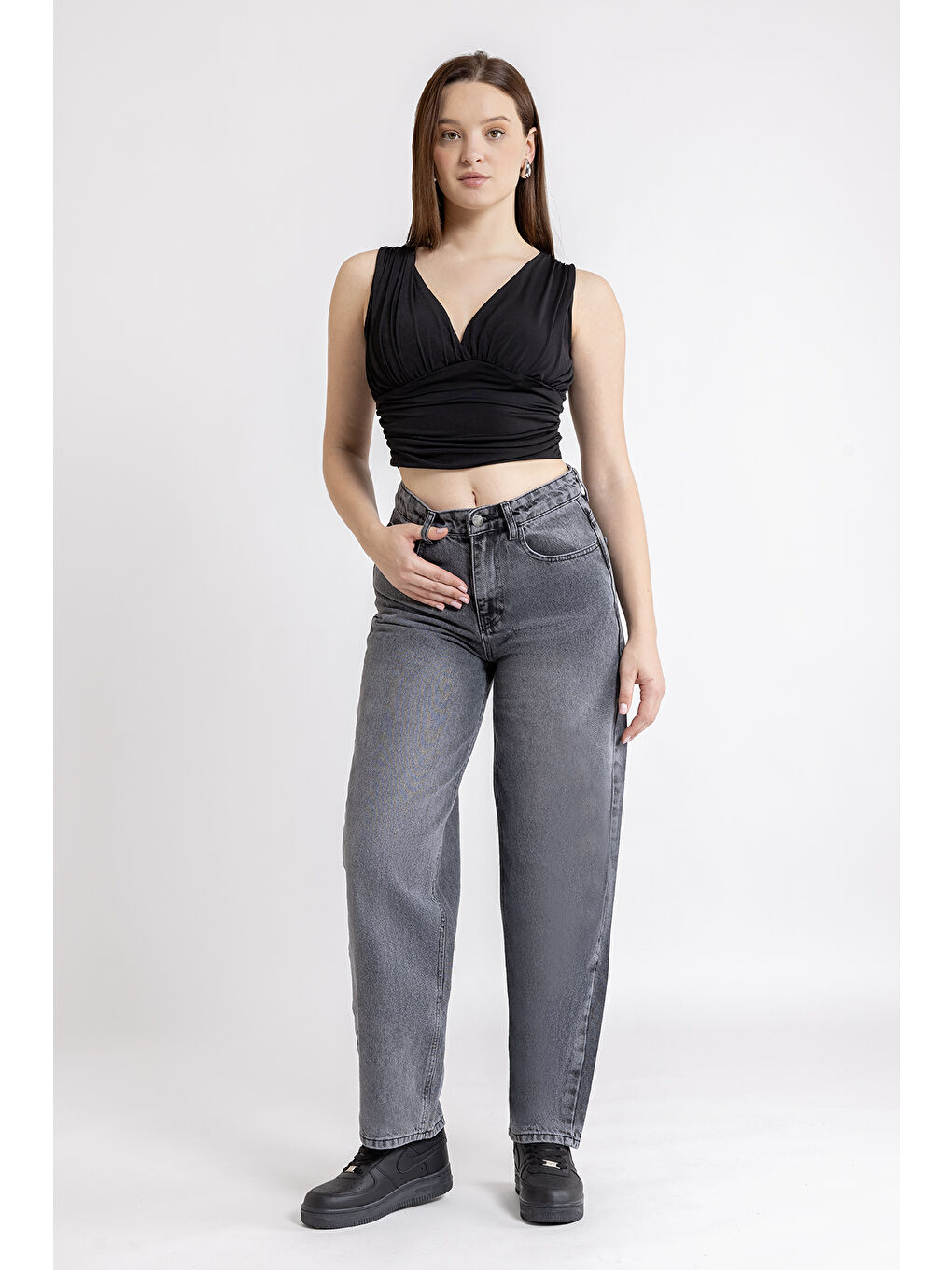 Kadın Gri Baggy Kalıp Denim Paantolon