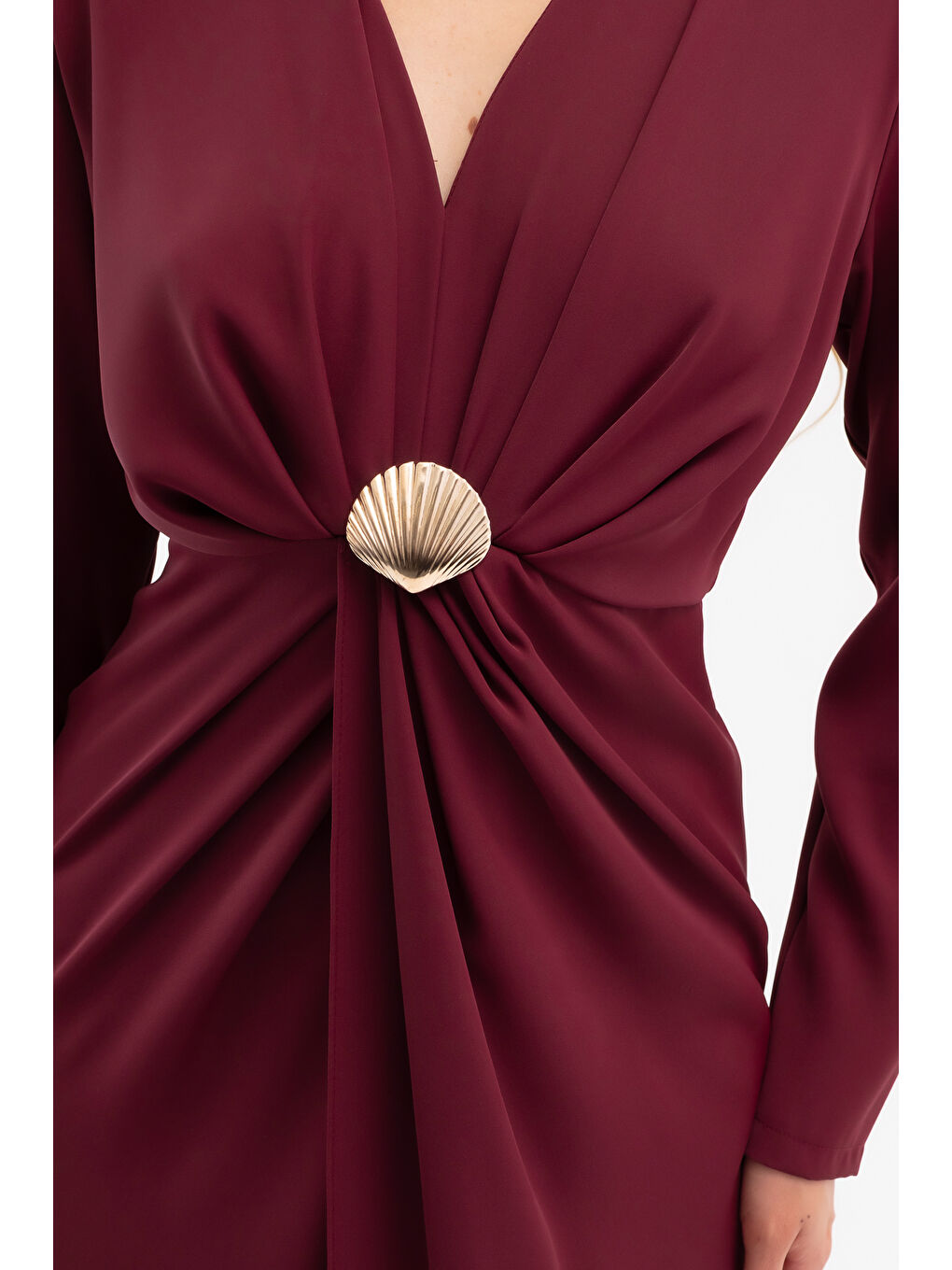 Kadın Bordo İstiridye Aksesuarlı Uzun Kol Elbise-3