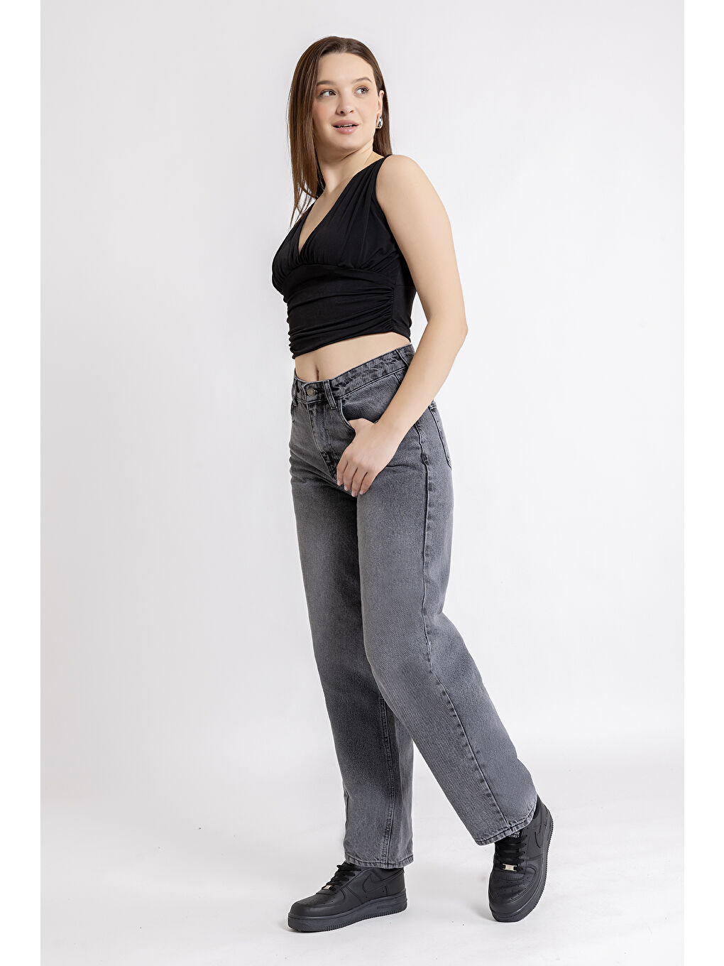 Kadın Gri Baggy Kalıp Denim Paantolon-1