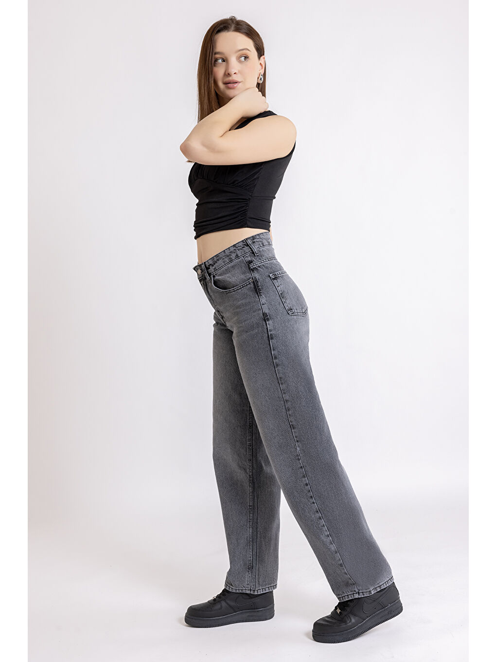 Kadın Gri Baggy Kalıp Denim Paantolon-2