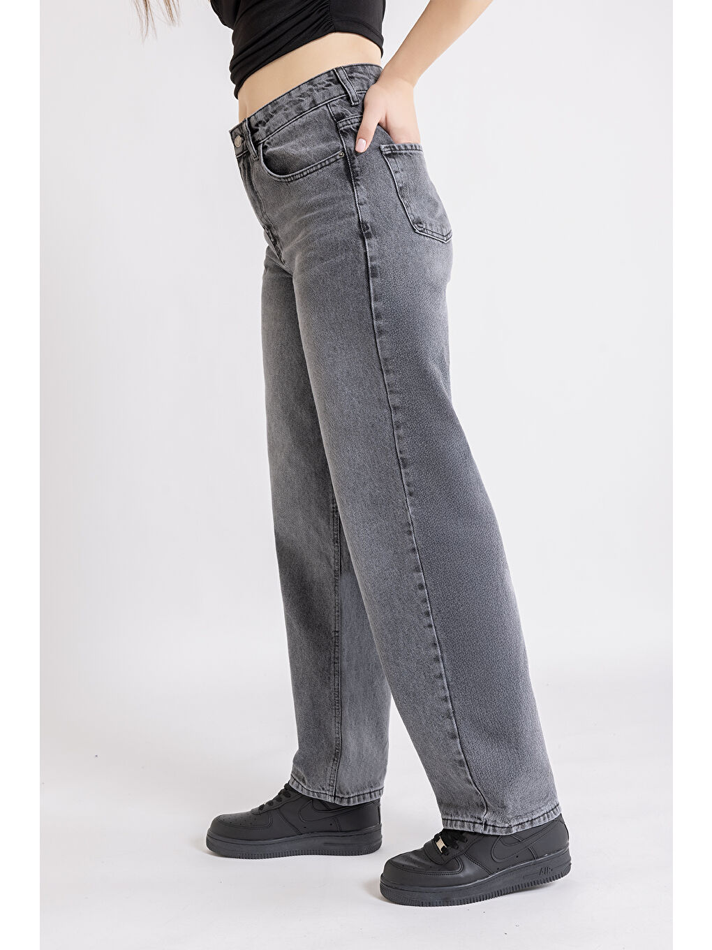 Kadın Gri Baggy Kalıp Denim Paantolon-4