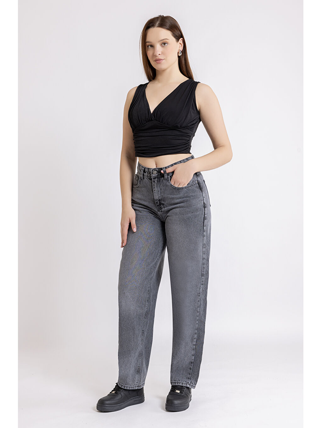 Kadın Gri Baggy Kalıp Denim Paantolon-5