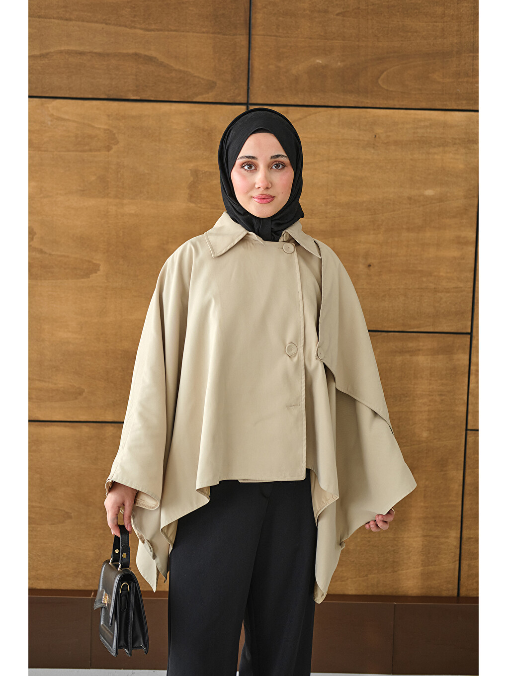 Ekru Kadın Gömlek Yaka Düğmeli Astarlı Oversize Gabardin Panço Trenç Krem