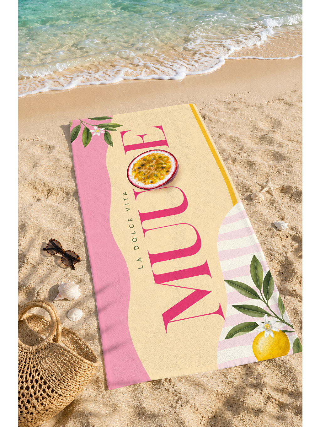 Passion Fruit Ve Pembe Şerit Desenli 70x150 Plaj Havlusu-3