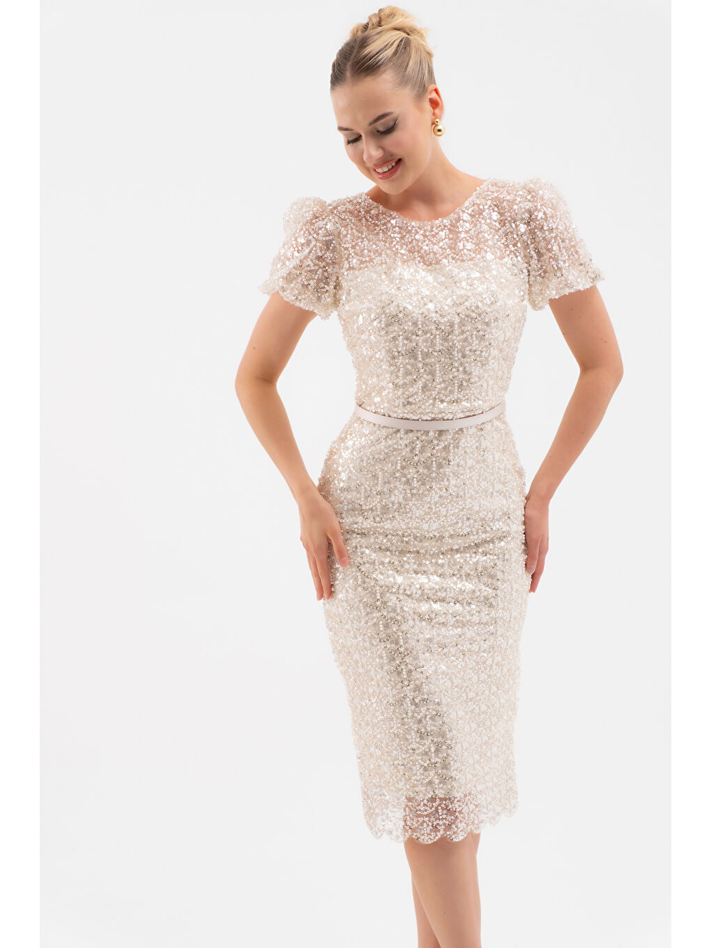 Ekru Kadın Krem Boncuklu Midi Abiye Elbise