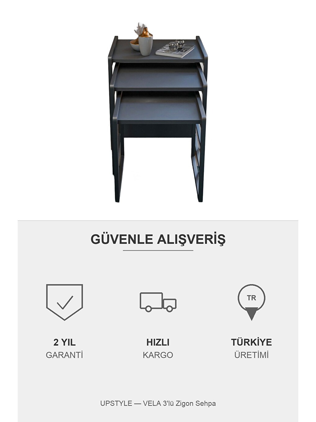 Vela 3'lü Zigon Sehpa | Metal Karkas, İç İçe Geçen Sehpa Seti | Antrasit-6