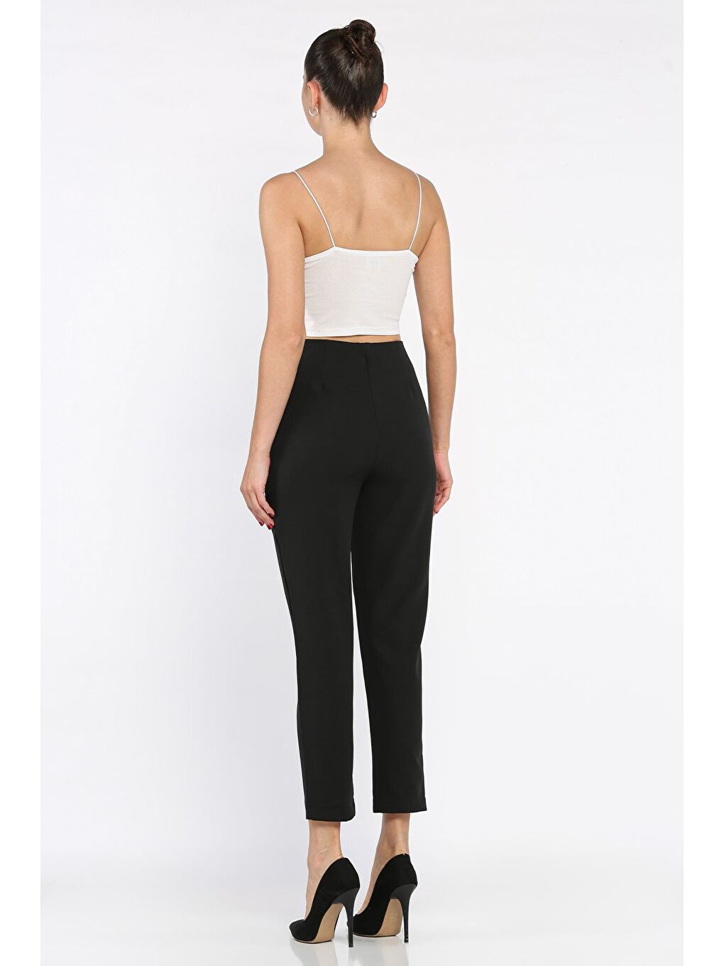 Siyah Ön Çimalı Bel Lastikli Kadın Dar Paça Pantolon-2