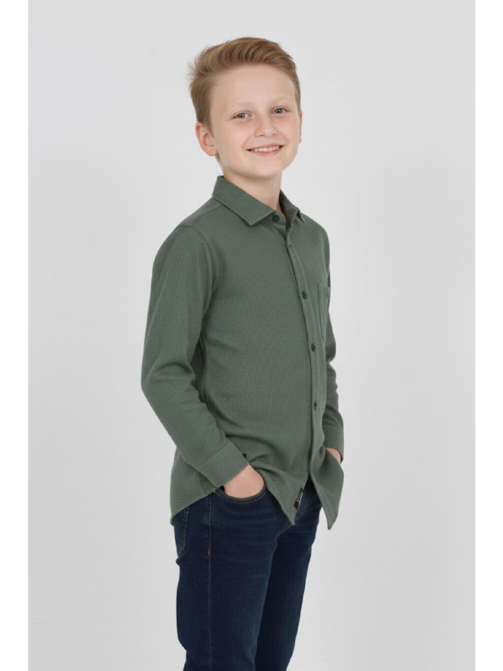 Haki Erkek Çocuk %100 Waffle Pamuk Gömlek 3-12 Yaş 12521HC-1