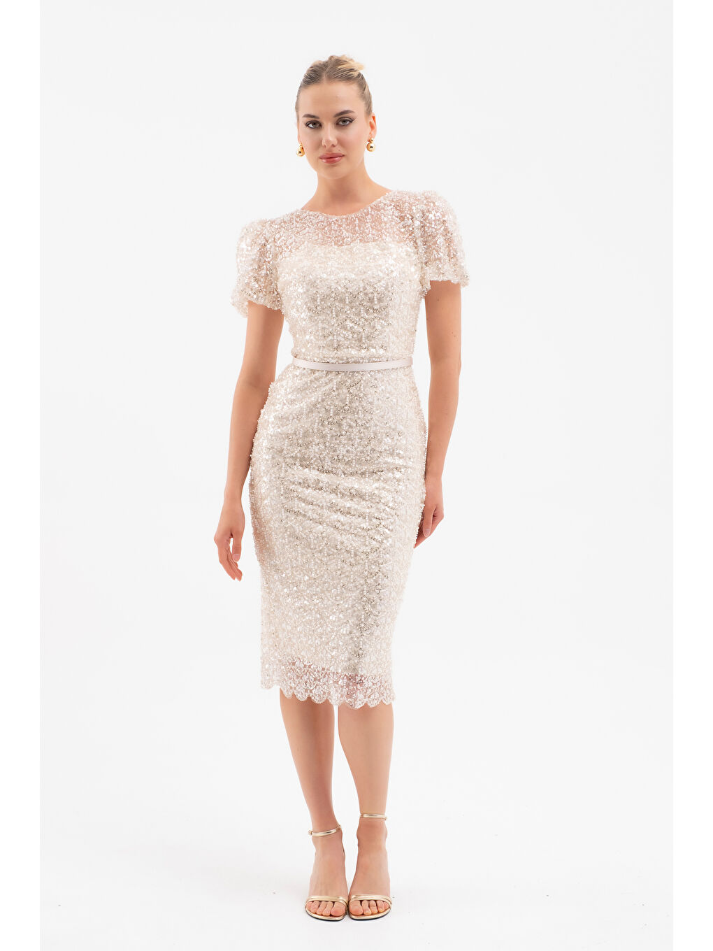 Ekru Kadın Krem Boncuklu Midi Abiye Elbise-1