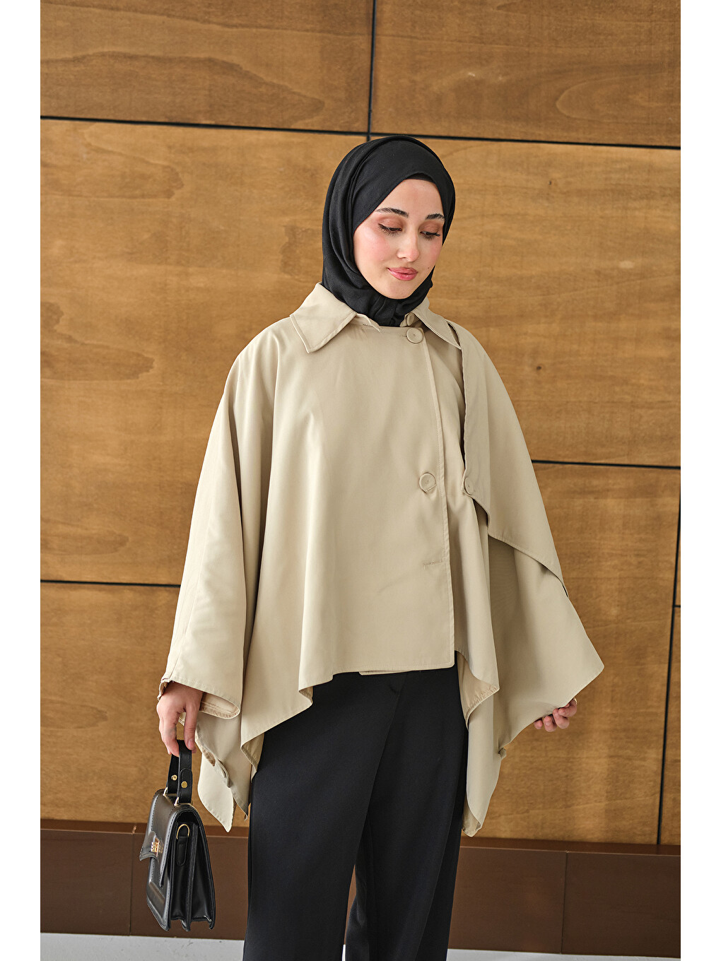 Ekru Kadın Gömlek Yaka Düğmeli Astarlı Oversize Gabardin Panço Trenç Krem-1