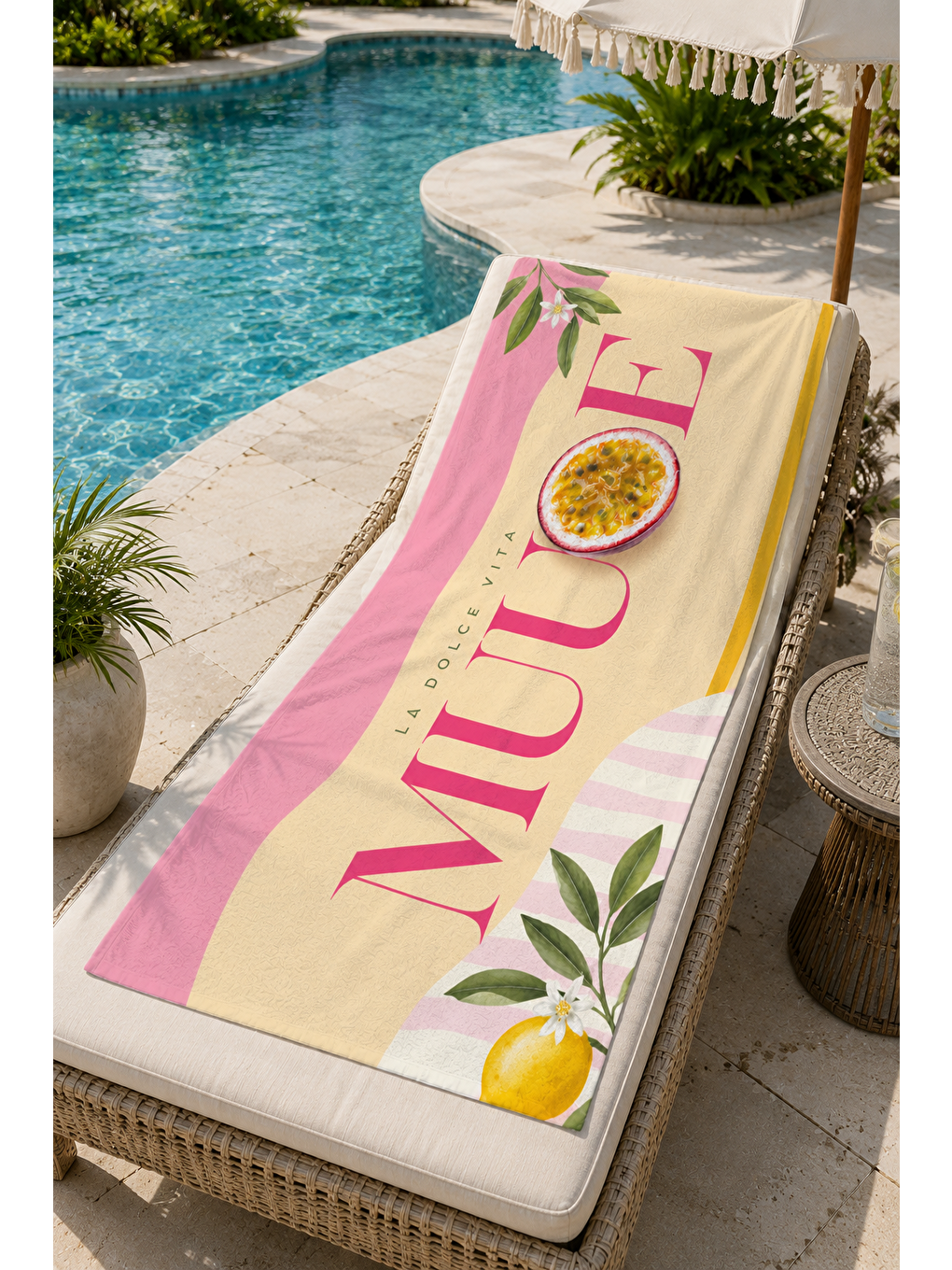 Passion Fruit Ve Pembe Şerit Desenli 70x150 Plaj Havlusu-4
