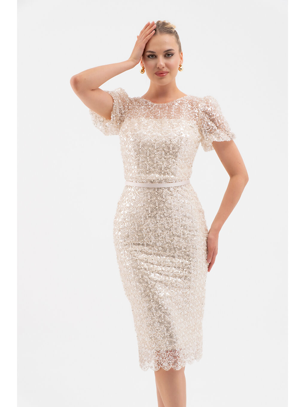 Ekru Kadın Krem Boncuklu Midi Abiye Elbise-2