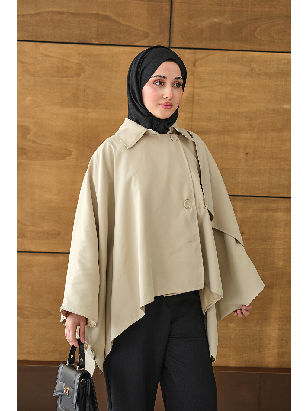 Ekru Kadın Gömlek Yaka Düğmeli Astarlı Oversize Gabardin Panço Trenç Krem-2