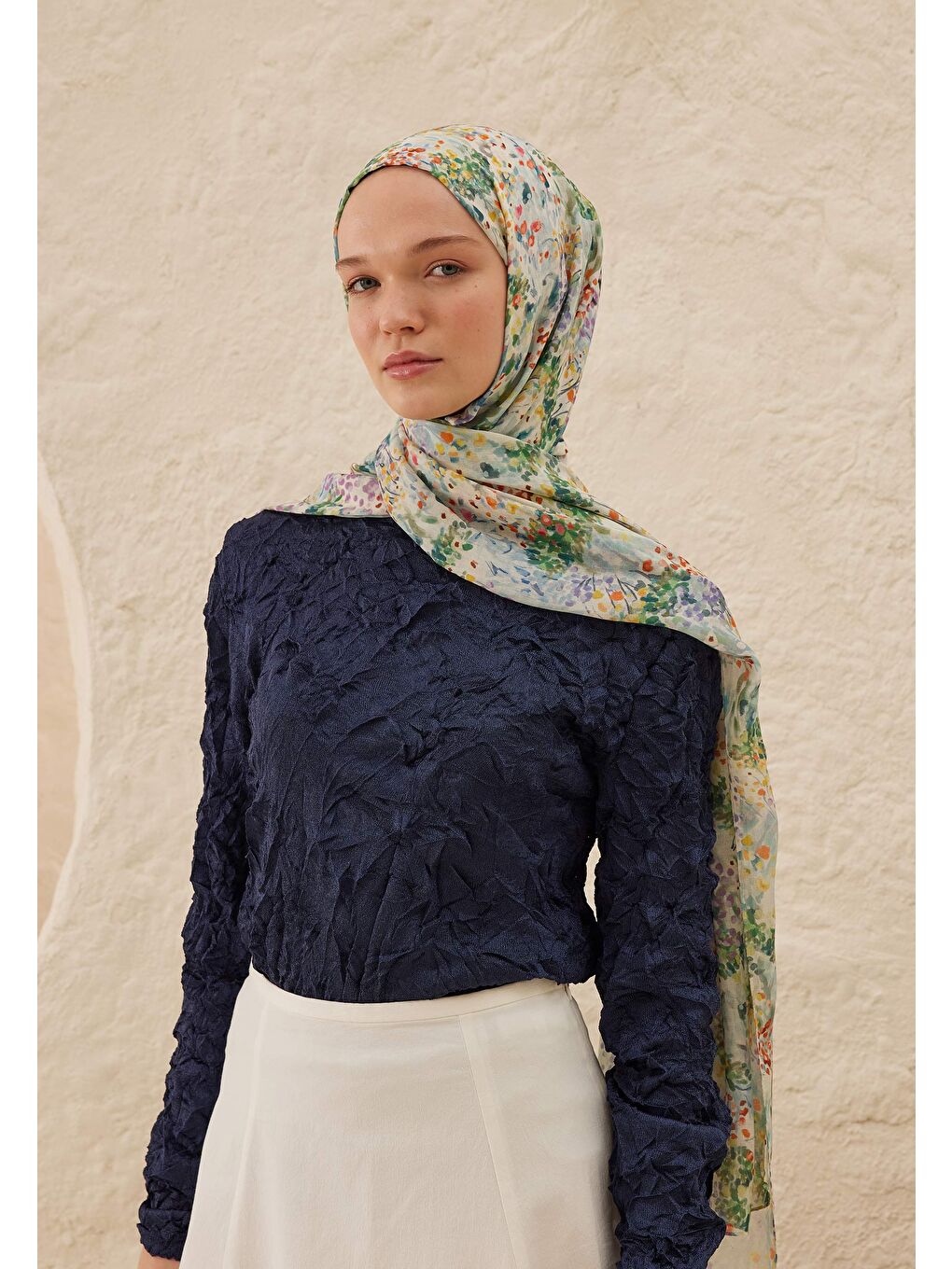 Tıny Bouquet Desen Rami Şal Gök Mavi-1