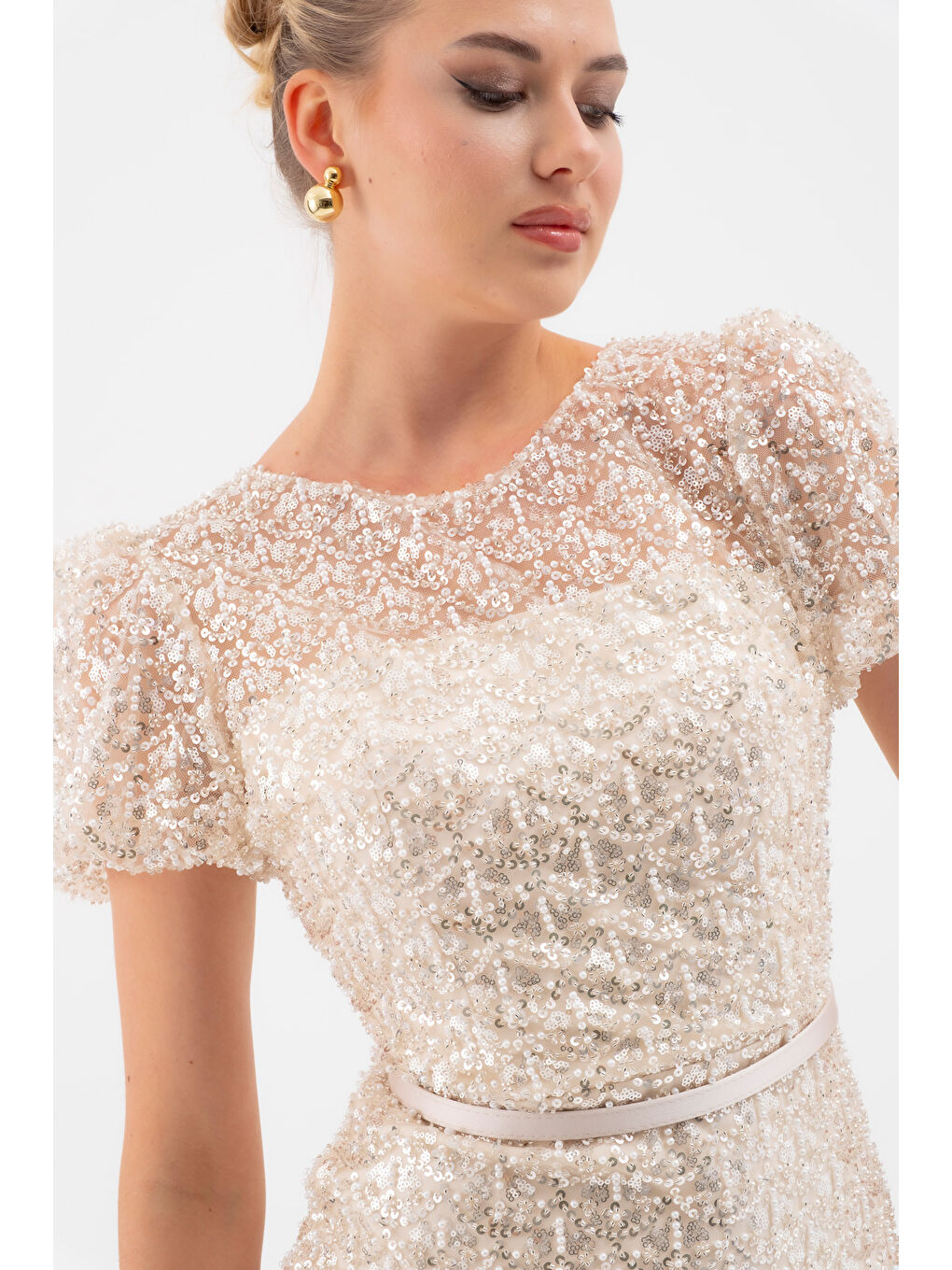 Ekru Kadın Krem Boncuklu Midi Abiye Elbise-3