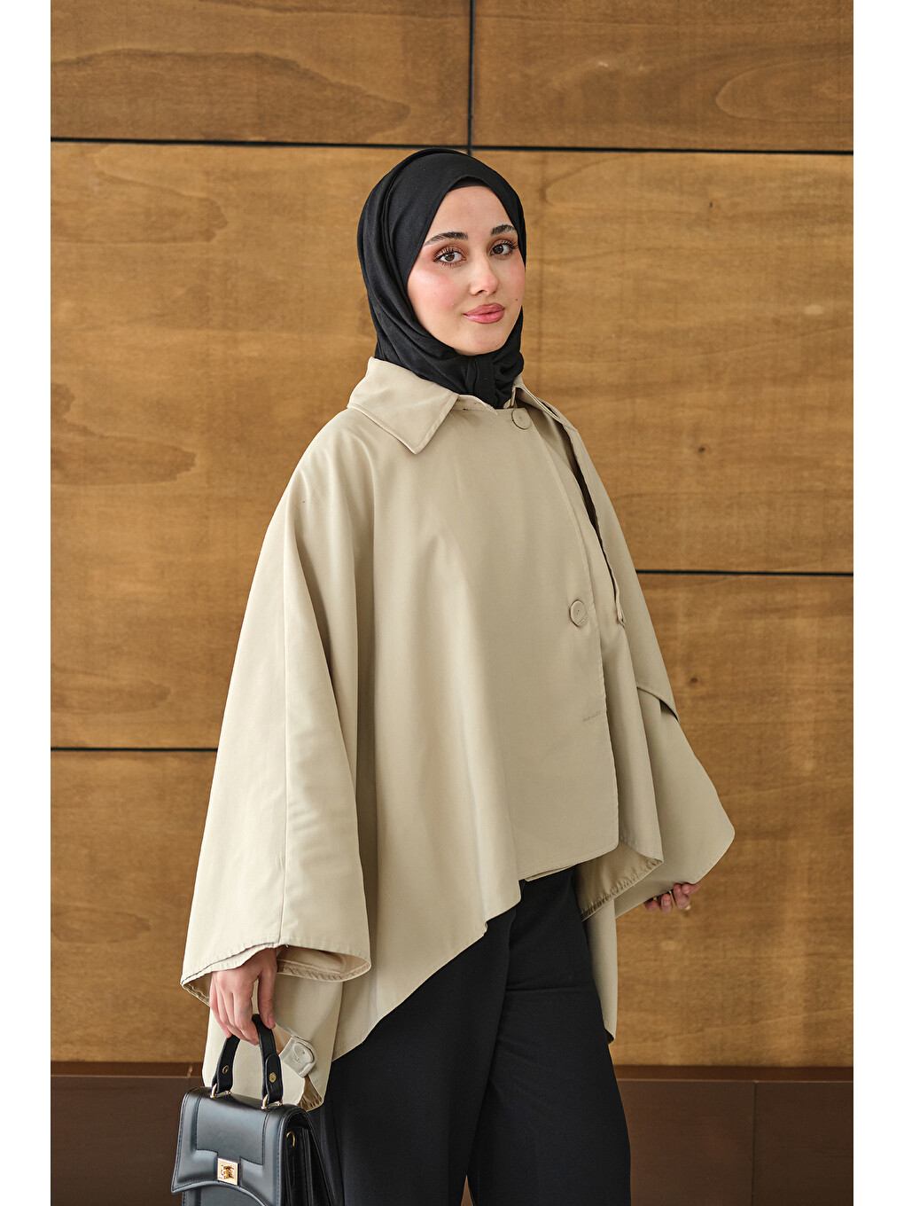 Ekru Kadın Gömlek Yaka Düğmeli Astarlı Oversize Gabardin Panço Trenç Krem-3