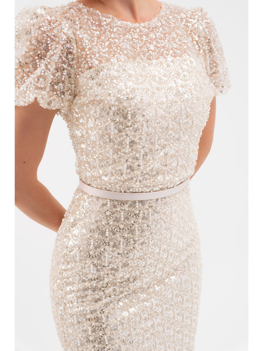 Ekru Kadın Krem Boncuklu Midi Abiye Elbise-4