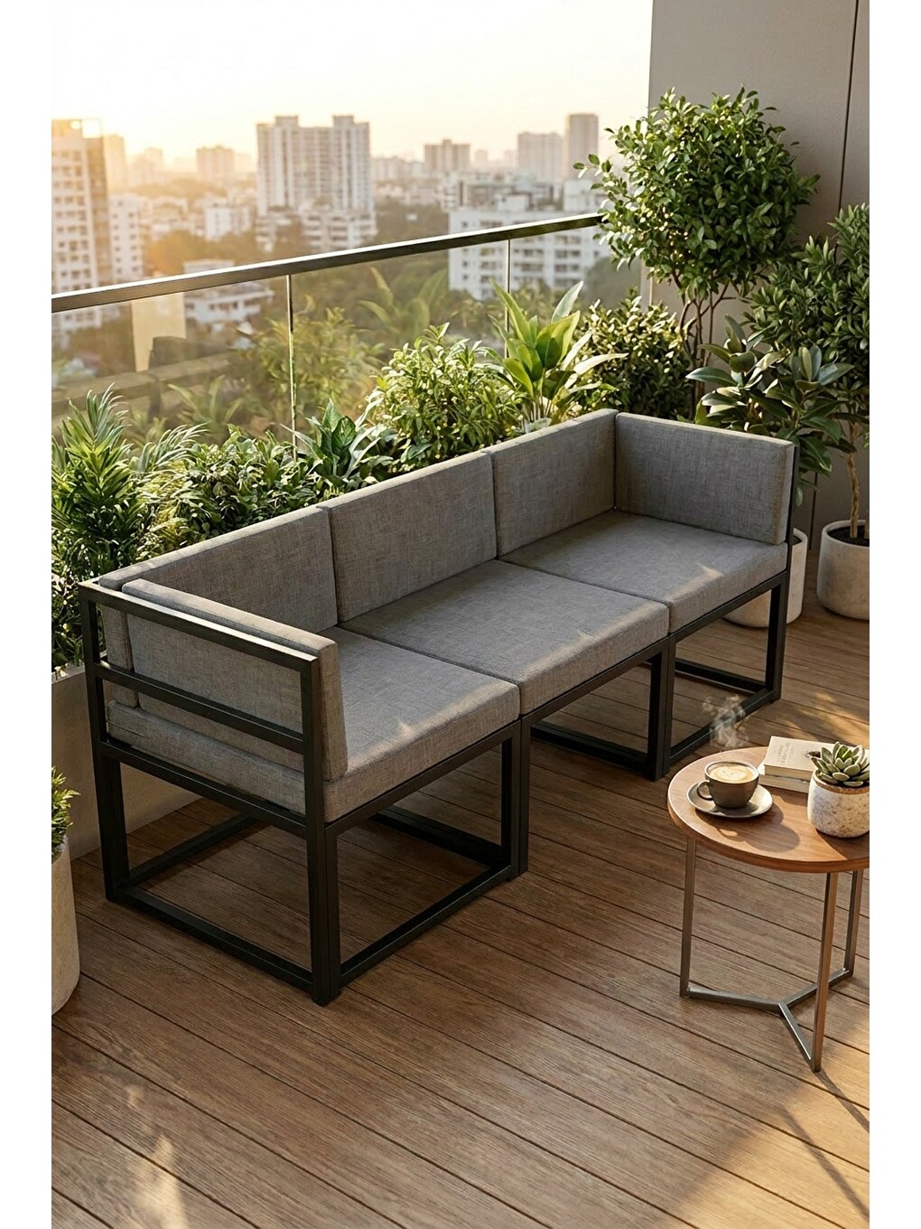 Brio 3'lü Bahçe Balkon Koltuk Takımı | Keten Dokuma, Metal Karkas | Siyah-5