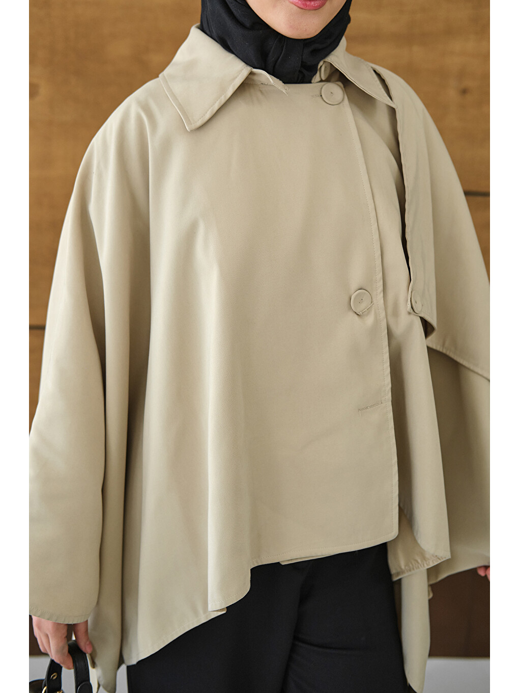 Ekru Kadın Gömlek Yaka Düğmeli Astarlı Oversize Gabardin Panço Trenç Krem-4