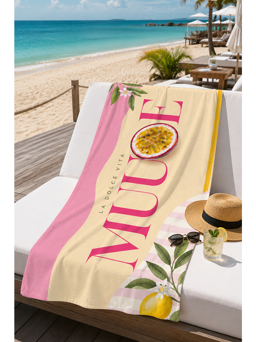 Passion Fruit Ve Pembe Şerit Desenli 70x150 Plaj Havlusu-5
