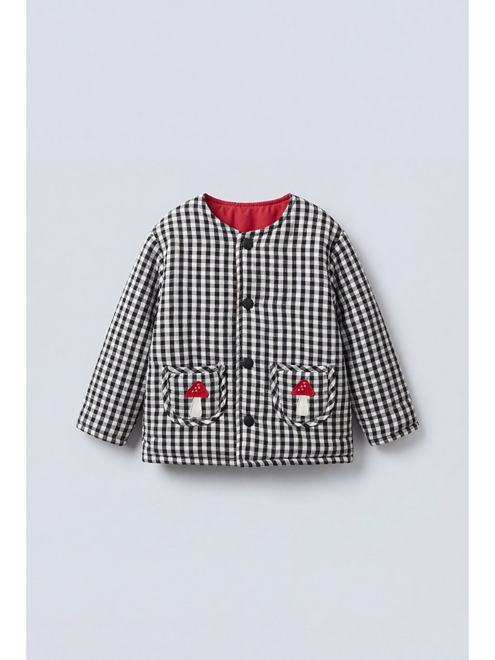 Gri Unisex Çocuk Pamuklu Siyah Beyaz Mantar Nakışlı Pötikare Ceket - Çıtçıt Detaylı