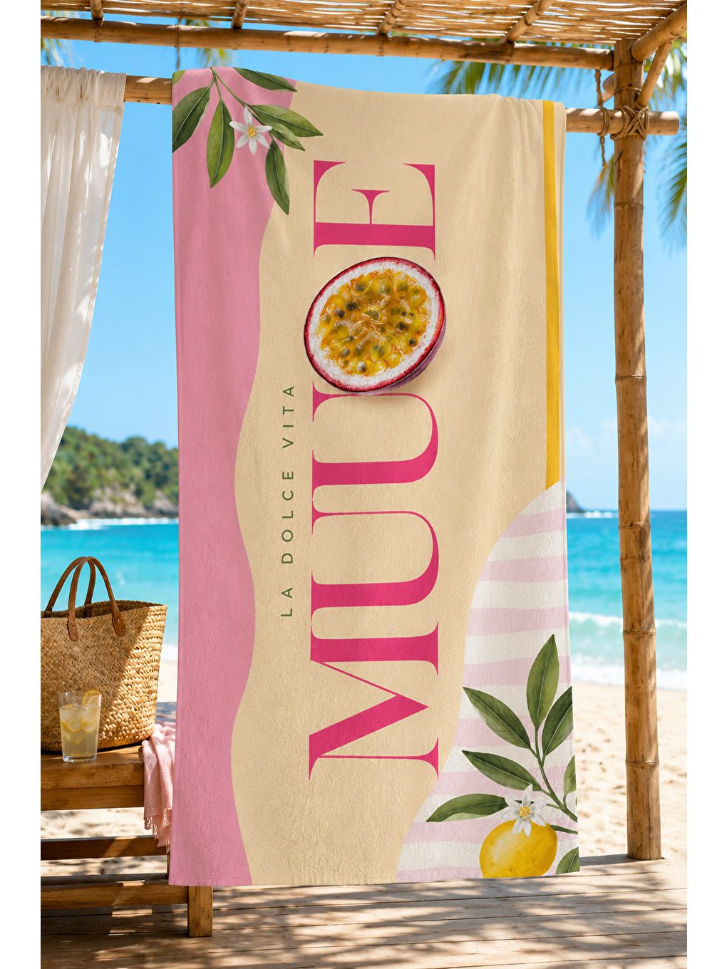 Passion Fruit Ve Pembe Şerit Desenli 70x150 Plaj Havlusu-6
