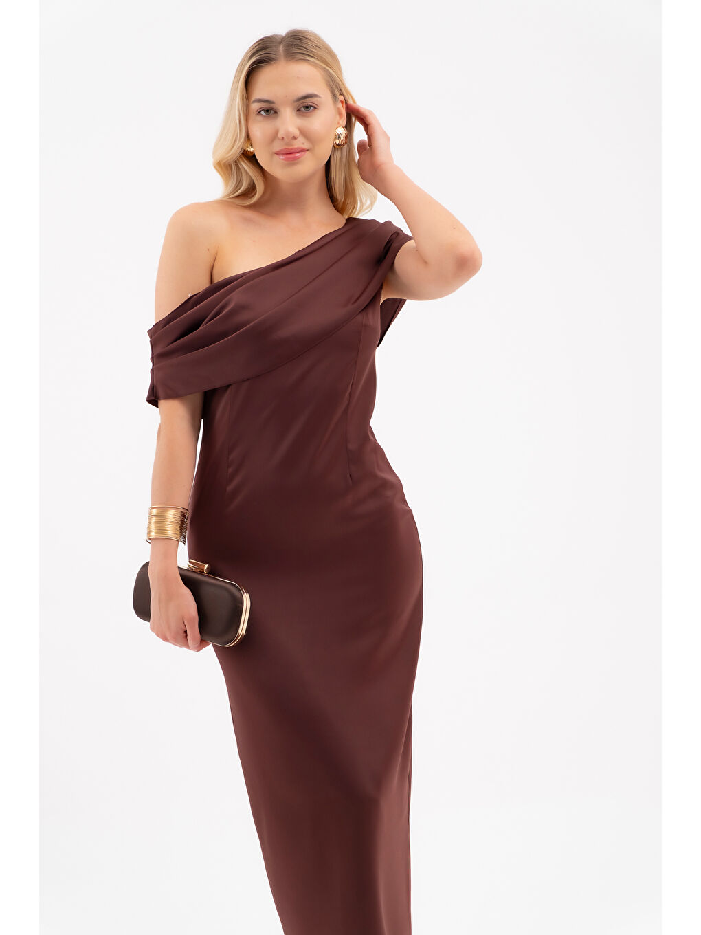 Kadın Kahverengi Degaje Yaka Saten Elbise-1