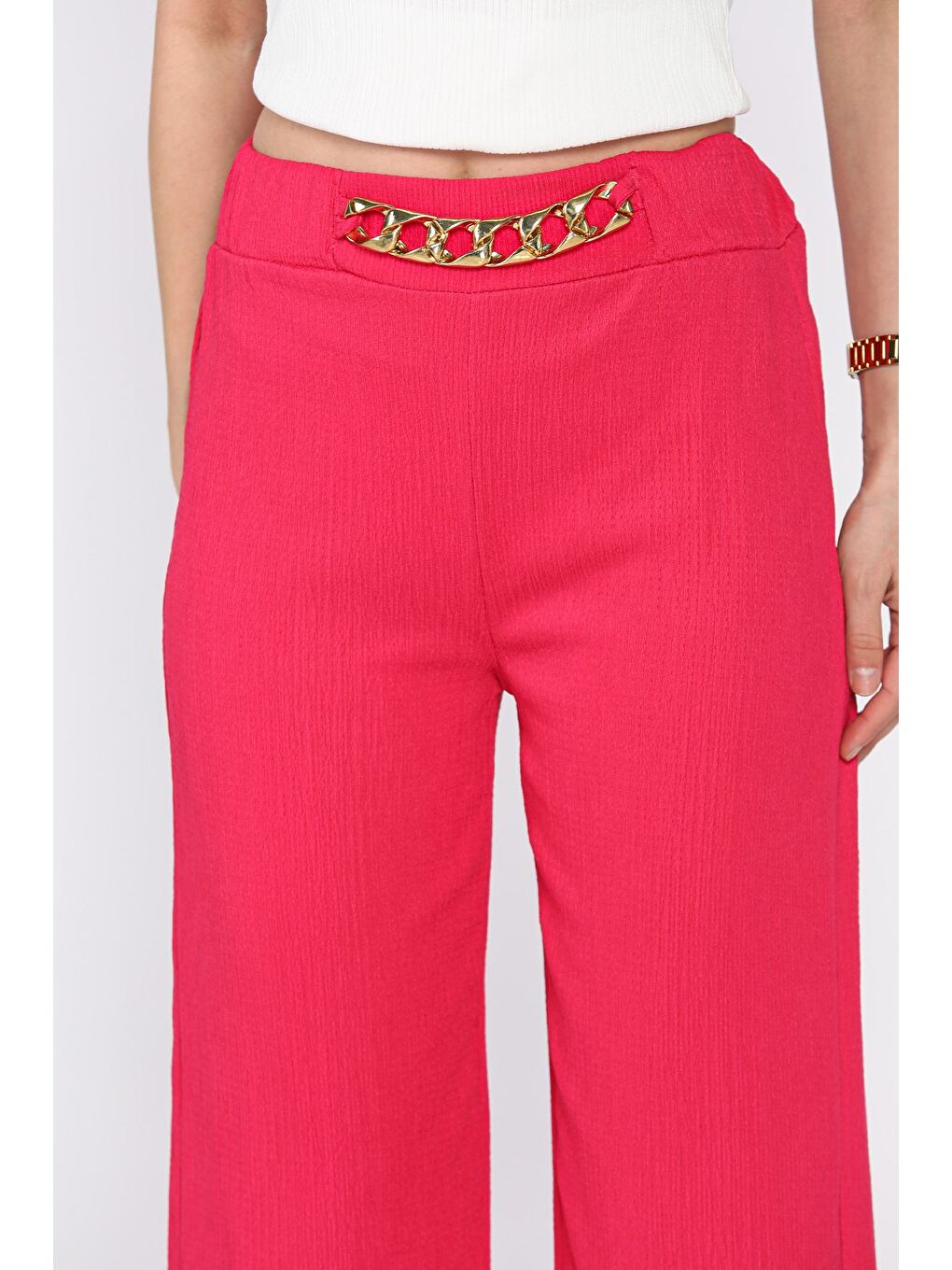Fuşya Kadın Bel Lastikli Zincir Aksesuarlı Pantolon-2
