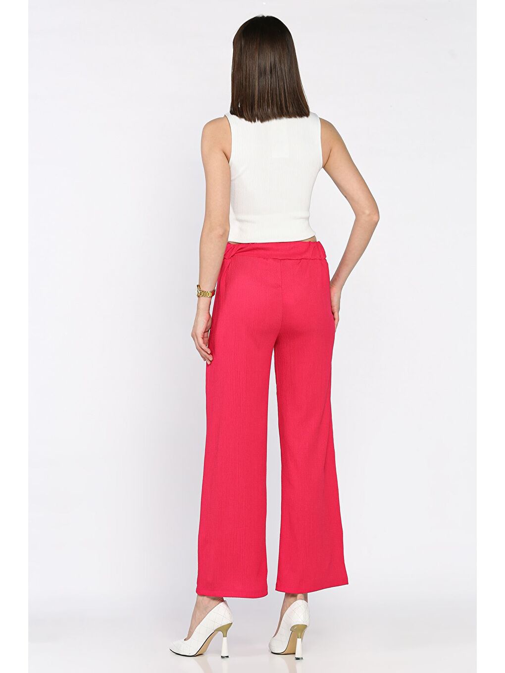 Fuşya Kadın Bel Lastikli Zincir Aksesuarlı Pantolon-3