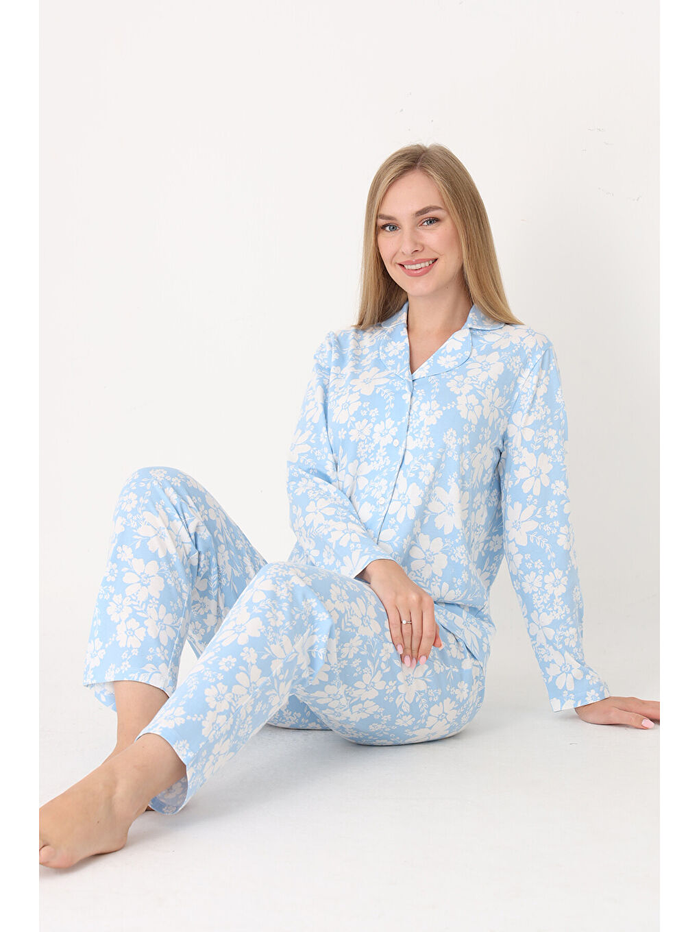 Mavi Flower Effect Önden Düğmeli Pijama Takımı